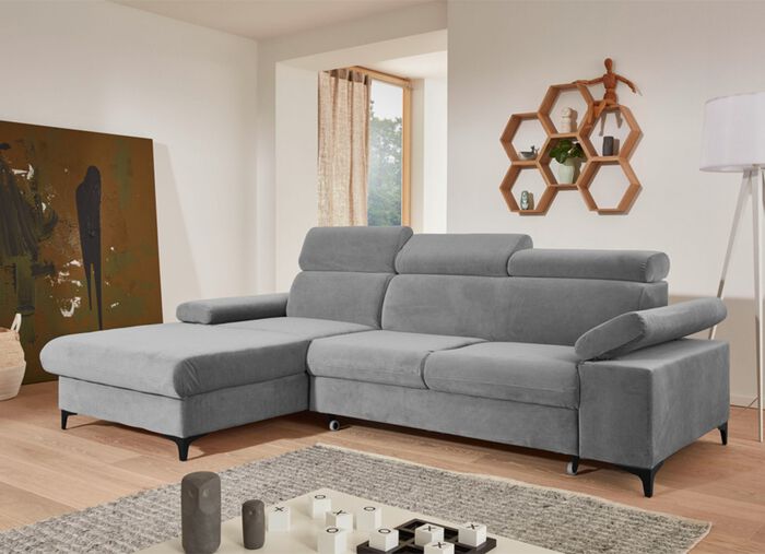 Polsterecke mit Bettfunktion, verstellbaren Kopfst&uuml;tzen und Armlehnen GRAU