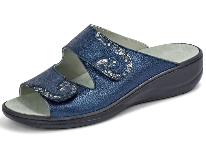 Mubb, bequeme Damen-Pantoletten, Weite H, mit herausnehmbarem Fu&szlig;bett STAHLBLAU