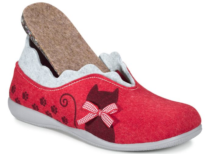 Laurina Filz-Hausschuh mit frechem Katzendruck ROT-HELLGRAU