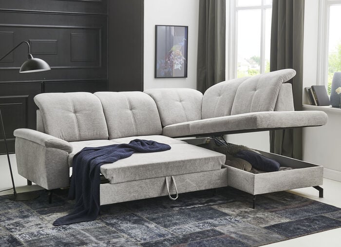 Moderne Polsterecke mit Bettfunktion und Bettkasten GRAU
