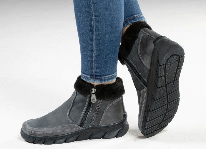 ELENA EDEN-Bootie mit schwarzem Pl&uuml;schkragen GRAU