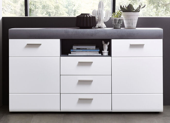 Sideboard mit Schubladen und T&uuml;ren mit Softclose und Selbsteinzug WEISS-BETON