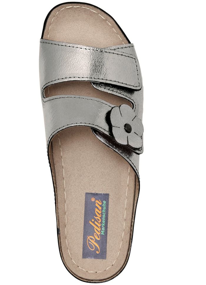 Bequeme Damen-Pantoletten, Weite G, mit Lederbl&uuml;te ANTIKBRONZE