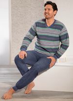 Schlafanzug mit B&uuml;ndchenabschl&uuml;ssen, V-Ausschnitt und garngef&auml;rbtem Ringeldessin 