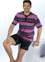 Shorty aus BIO-Baumwolle mit garngef&auml;rbtem Ringeldessin, Knopfleiste und Brusttasche 