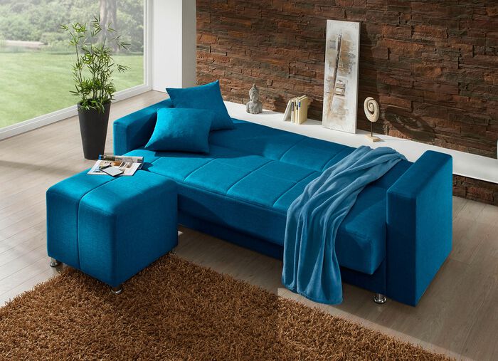 Klick-Klack-Sofa mit Hocker und Dekokissen 