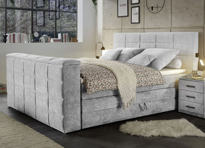 Boxspringbett mit elektrisch versenkbarer TV-Halterung HELLGRAU