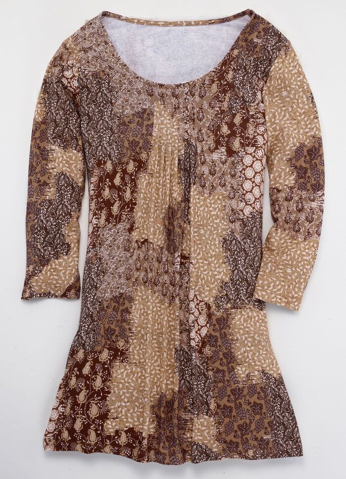 Longshirt mit F&auml;ltelung im Vorderteil in 3 Farben BRAUN-BUNT