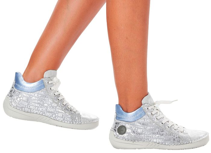 Rieker Schn&uuml;r-Bootie aus originell bedrucktem Synthetikmaterial SILBERGRAU-BLEU