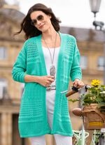 Long-Strickjacke in Struktur- und Ajourmustermix AQUA