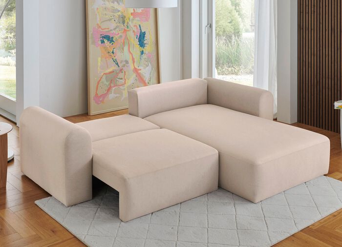 Polsterecke mit Bettfunktion und Dekokissen CREME