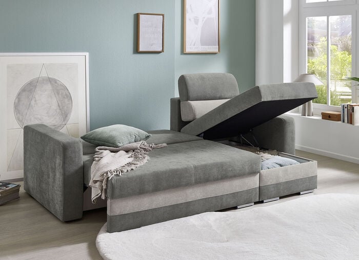 Komfortable Polsterecke mit Bettfunktion GRAU-HELLGRAU