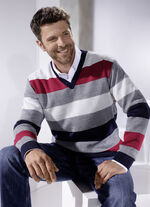 Pullover mit V-Ausschnitt MARINE-GRAU MELIERT-DUNKELROT