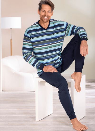 Schlafanzug mit V-Ausschnitt und B&uuml;ndchenabschl&uuml;ssen  