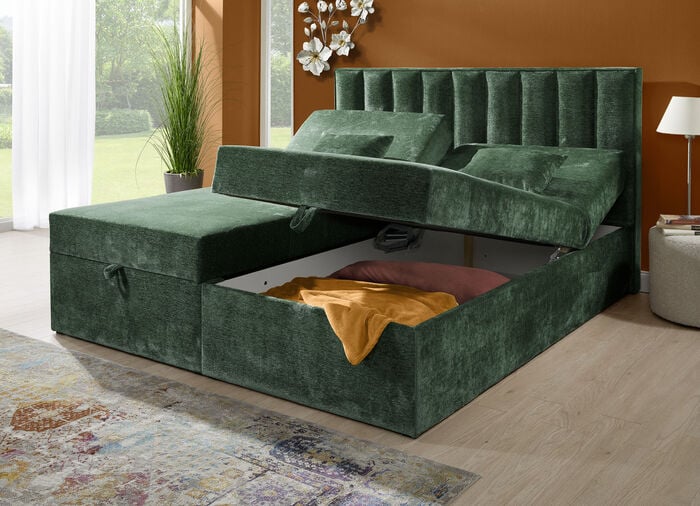 Boxspringbett mit individueller Kopfteilverstellung und Deko-Kissen GR&Uuml;N