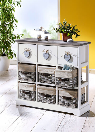 Massivholz Kommode mit Körbe aus Weide 