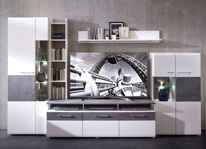 Wohnwand mit LED-Beleuchtung WEISS-BETON