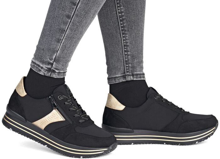 Remonte, trendige Damen-Sneaker, Weite G, mit herausnehmbarem Fu&szlig;bett SCHWARZ-GOLD