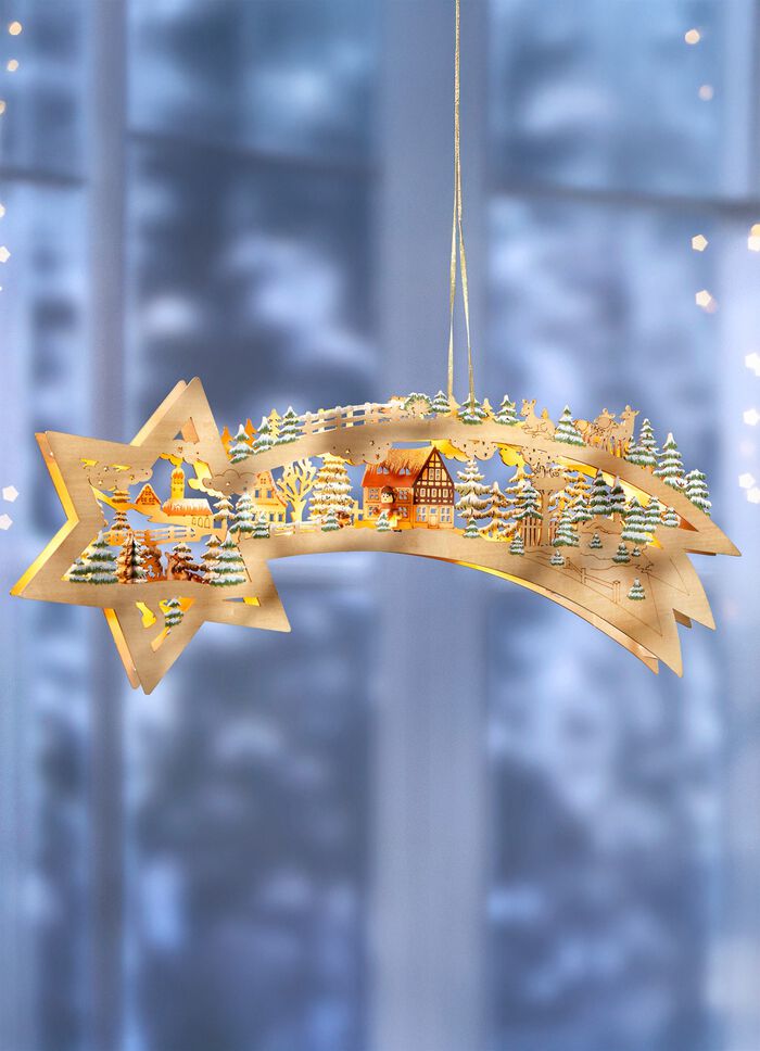 Beleuchtete Sternschnuppe aus Holz 