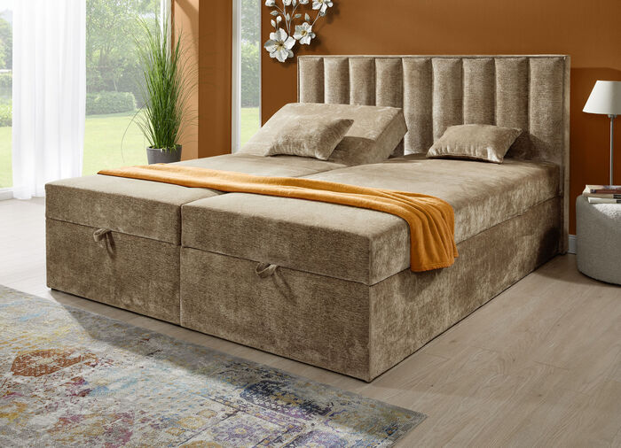 Boxspringbett mit individueller Kopfteilverstellung und Deko-Kissen BEIGE