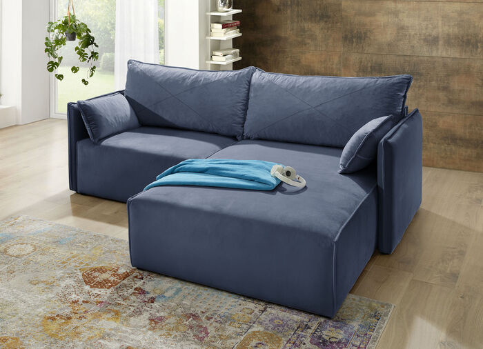 Polsterecke mit Bettfunktion und Hocker BLAU