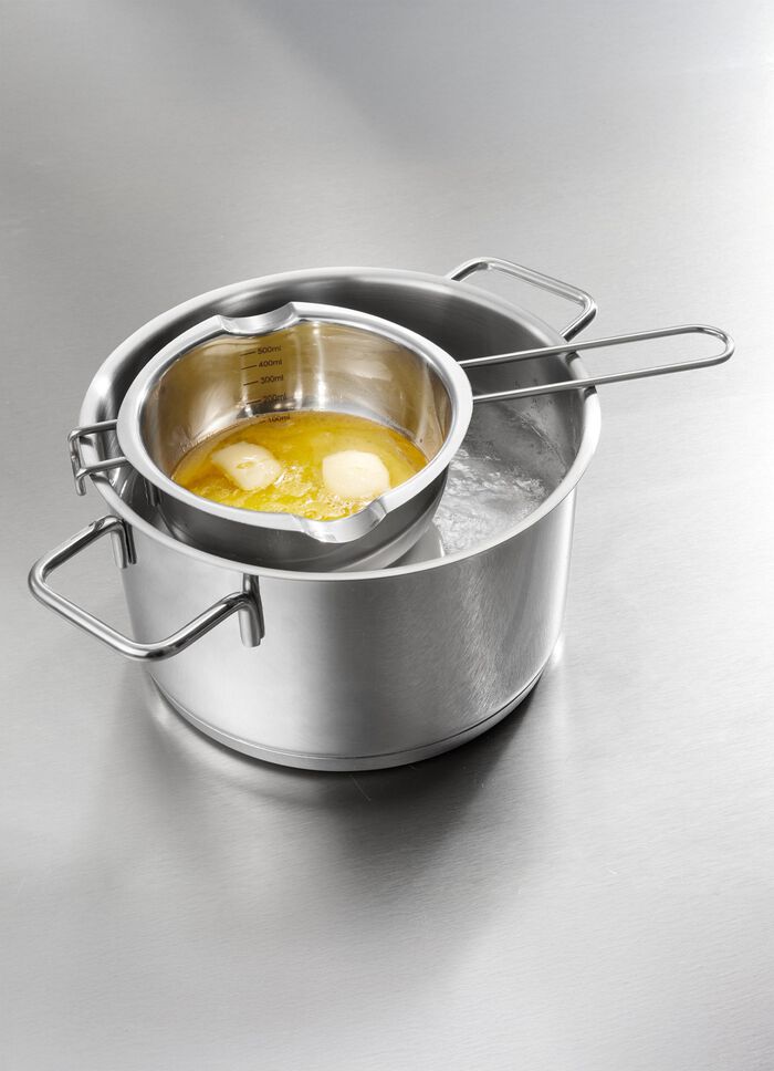 Schmelztopf aus Edelstahl mit zwei Ausgüssen 