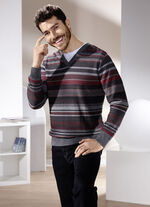 Gestreifter V-Pullover in 2 Farben GRAU-ROT