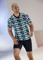 Shorty mit Karodessin, V-Ausschnitt und Brusttasche 