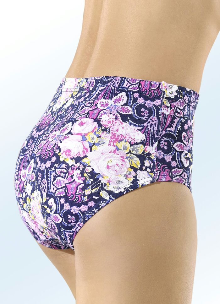 F&uuml;nferpack Slips in marine mit pink-gelb-buntem Druckdessin 