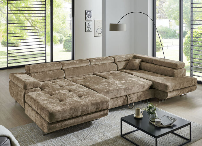 Wohnlandschaft mit Bettfunktion und Bettkasten BRAUN