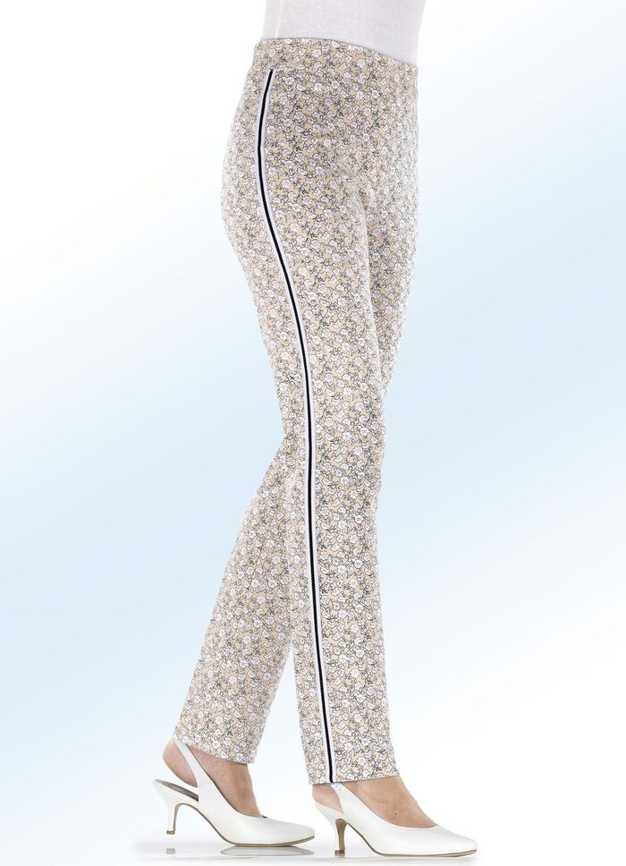 Hose mit aparter Floral-Dessinierung und effektvollem Zierband BEIGE-WEISS