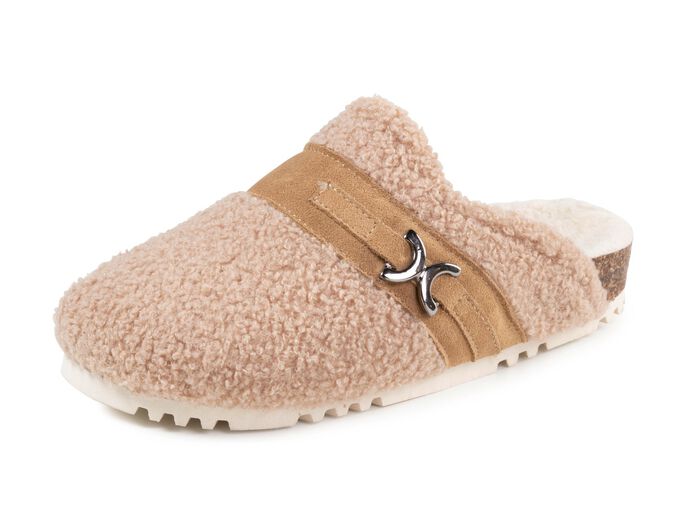Laurina Pantoffel aus weichem Pl&uuml;sch mit Veloursbesatz SANDBEIGE