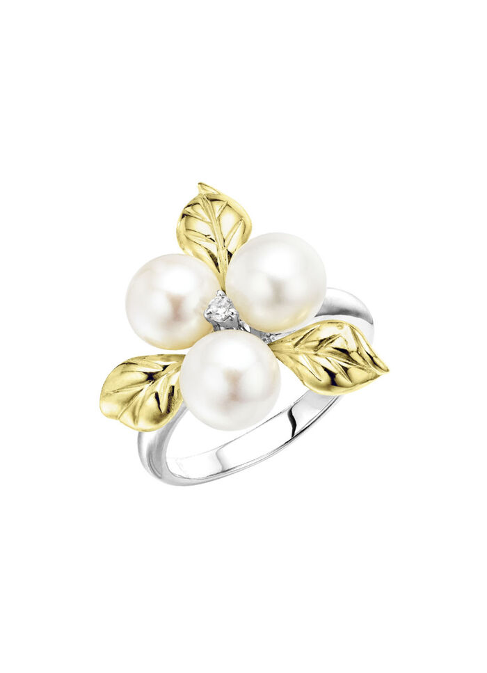 Blühende Eleganz: Damenring mit Muschelkernperlen und synth. Zirkonia 