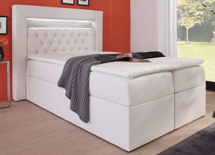Boxspringbett mit LED-Beleuchtung, Bettkasten und Topper WEISS