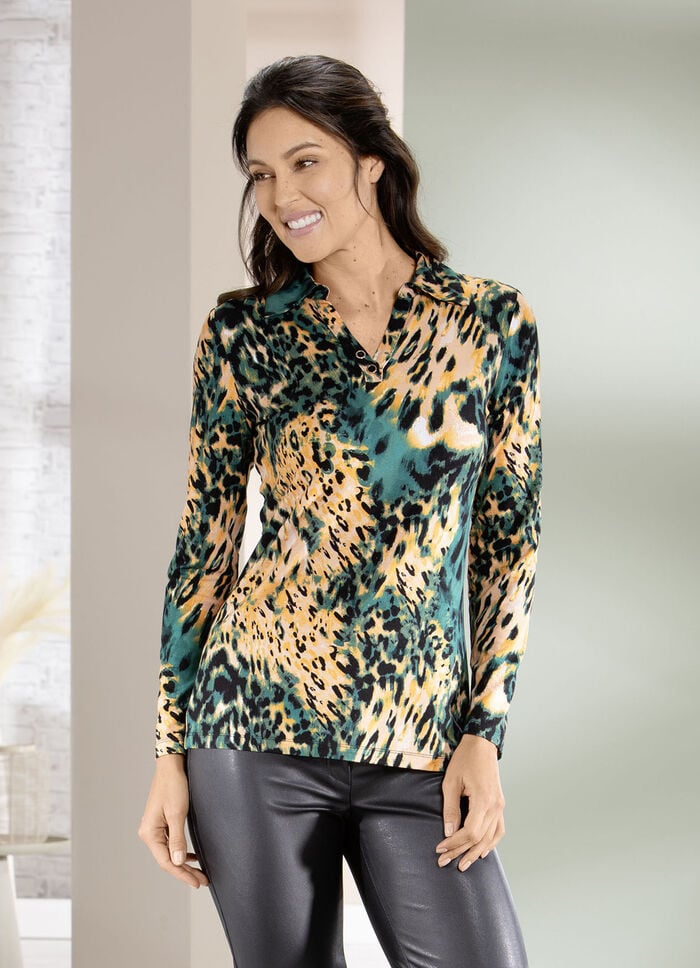 Poloshirt mit Zierknöpfen am V-Ausschnitt 