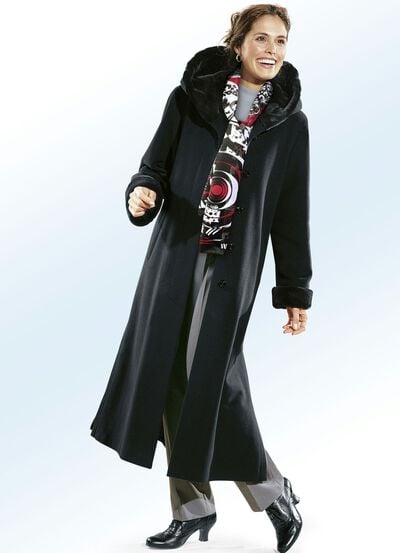 Mantel mit Kunstpelz-Besatz an &Auml;rmeln und Kapuze 