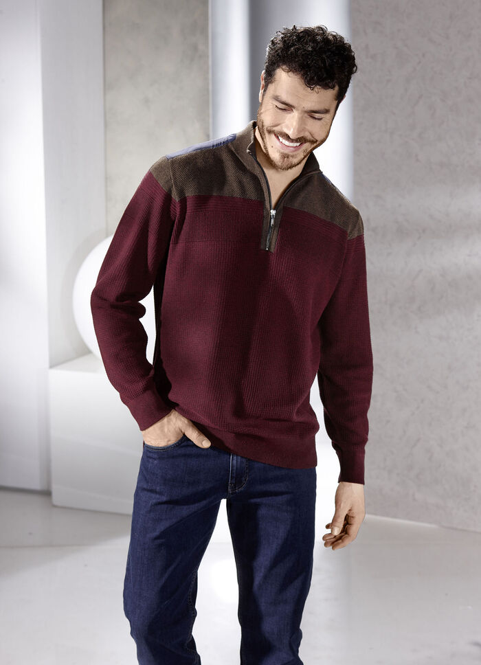 Stehkragenpullover mit Strukturmix WEINROT-BRAUN MELIERT