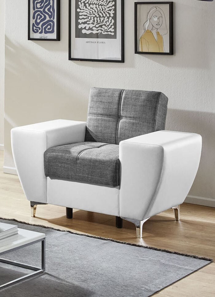 Frei im Raum aufstellbare Polstermöbel mit Bettkasten und Liegefunktion GRAU-WEISS