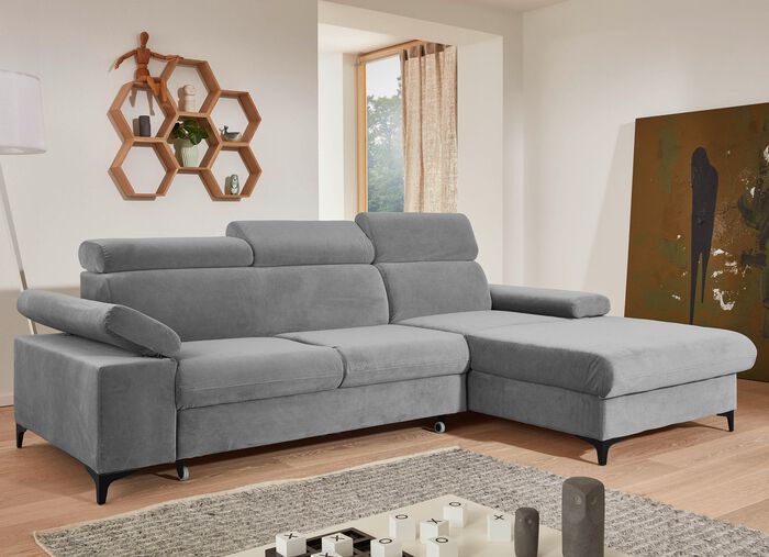 Polsterecke mit Bettfunktion, verstellbaren Kopfst&uuml;tzen und Armlehnen GRAU