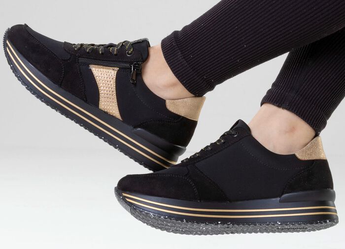 Remonte, trendige Damen-Sneaker, Weite G, mit herausnehmbarem Fu&szlig;bett SCHWARZ-GOLD