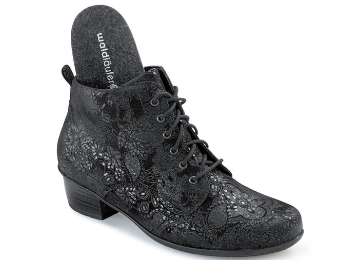 Waldläufer Schnür-Stiefelette mit floraler Prägung SCHWARZ