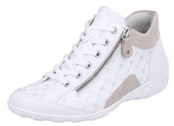 Remonte Schn&uuml;r-Bootie aus bedrucktem und metallisch schimmerndem Synthetikmaterial WEISS-PUDERROS&Eacute;