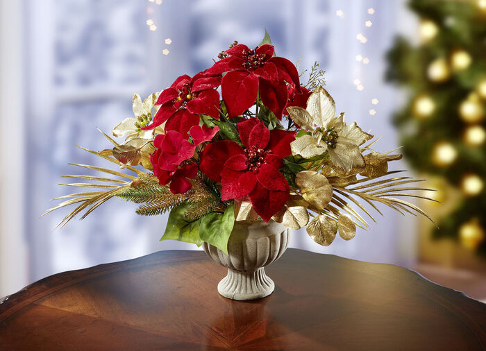 Poinsettia/Hortensie-Arrangement in Keramikpokal 