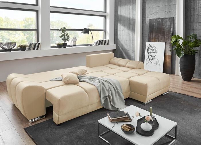 Polsterecke mit Bettfunktion und Bettkasten CREME