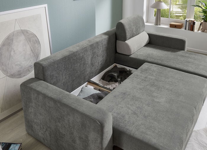 Komfortable Polsterecke mit Bettfunktion GRAU-HELLGRAU