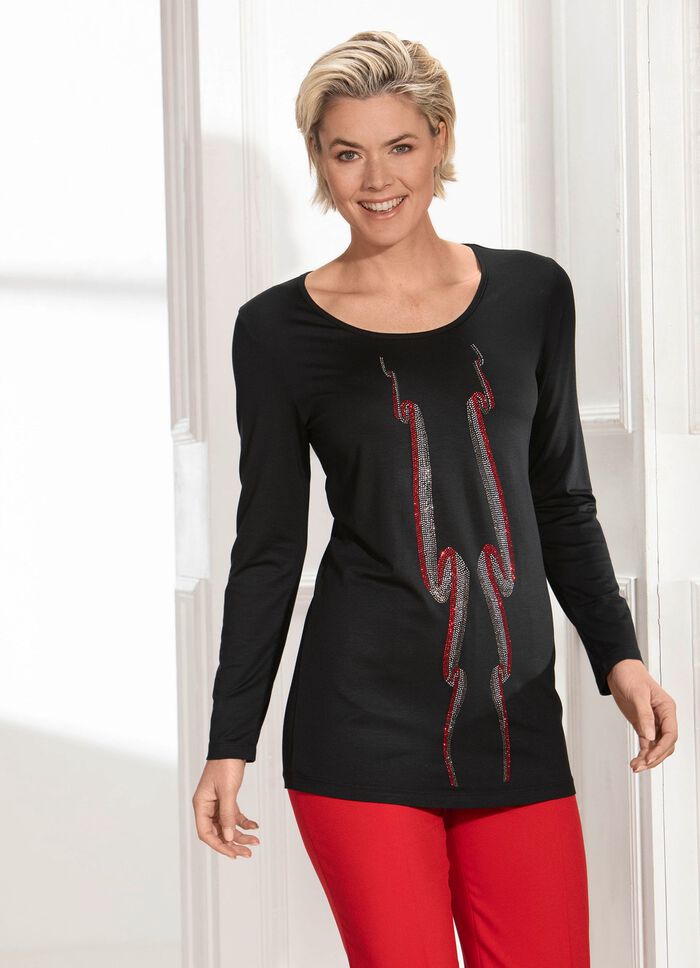 Schwarzes Longshirt mit effektvoller Strasszier 