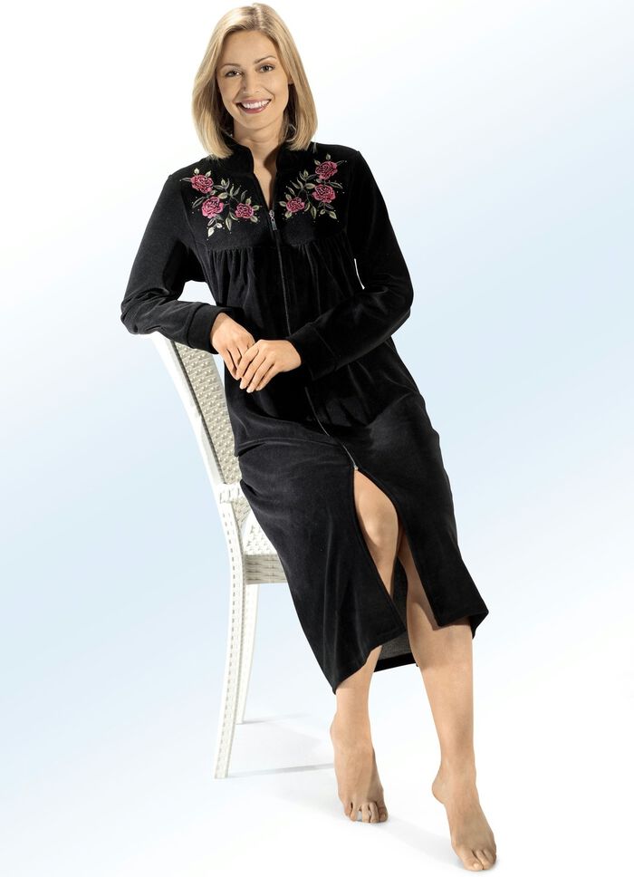 Hausmantel mit Stickerei- und Strasssteinzier SCHWARZ