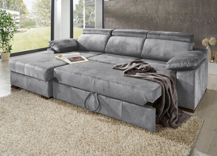 Polsterecke mit Bettfunktion und verstellbaren Kopfst&uuml;tzen GRAU