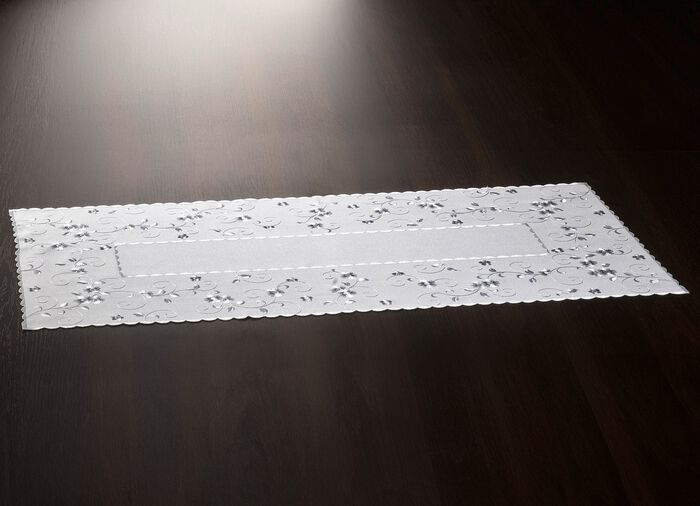 Bestickte Tisch- und Raumdekoration mit Bl&uuml;mchen-Bord&uuml;re WOLLWEISS-GRAU