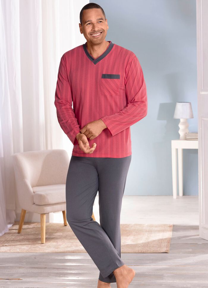 Schlafanzug mit Streifendessin, V-Ausschnitt und Brusttasche 